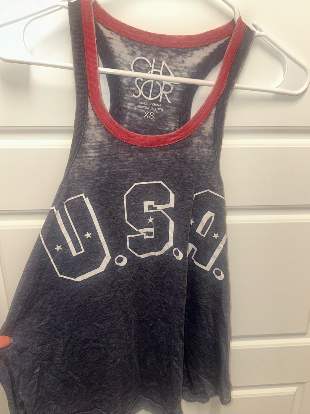 Chaser Blue Racerback Tank with Red Trim and White U.S.A. Graphic